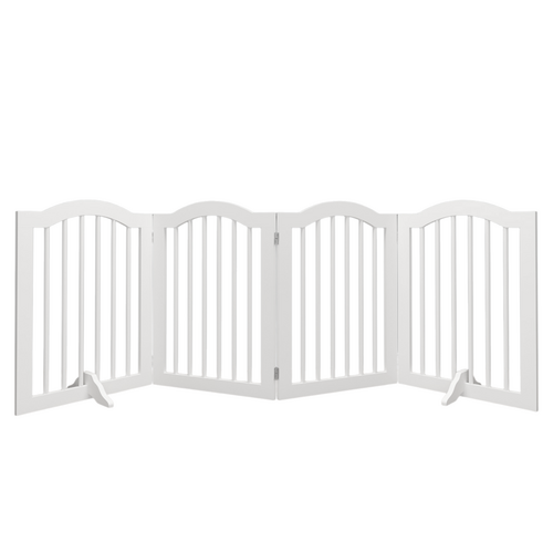 White pet gate with four panels on a white background