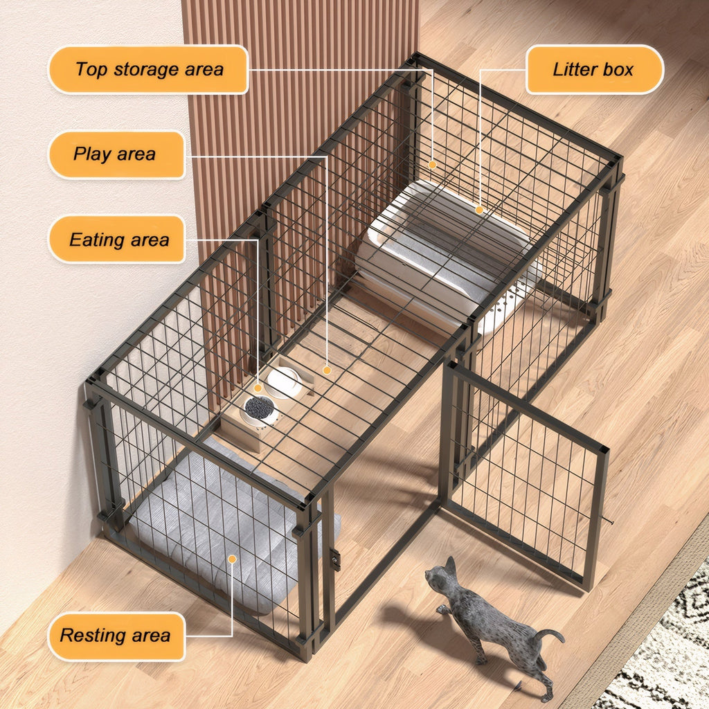 Pet playpen with labeled areas on a wooden floor