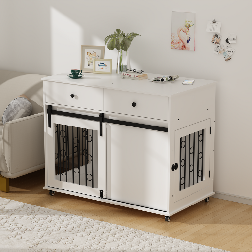 Modern Wooden Dog Crate Furniture with Sliding Barn Door – Indoor Pet Kennel