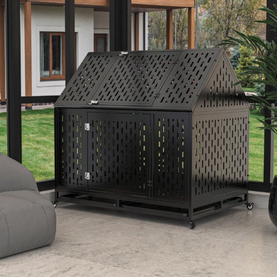 Heavy Duty Indestructible Dog Crate — 45", Pointed Roof, 2 Doors, Lockable Wheels, Escape-Proof (Black)