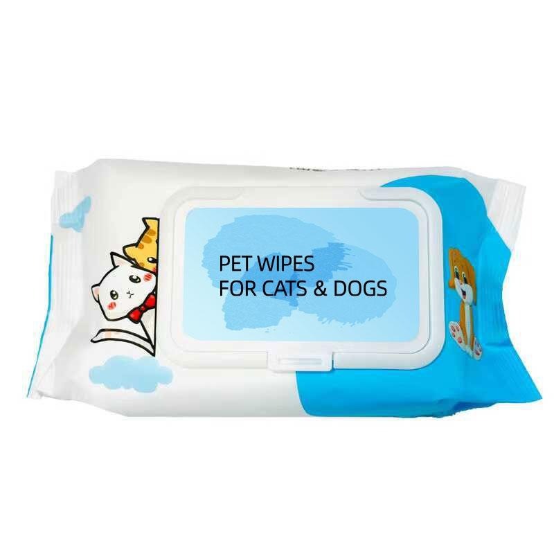 Pack of pet wipes for cats and dogs with cartoon illustrations on a white background