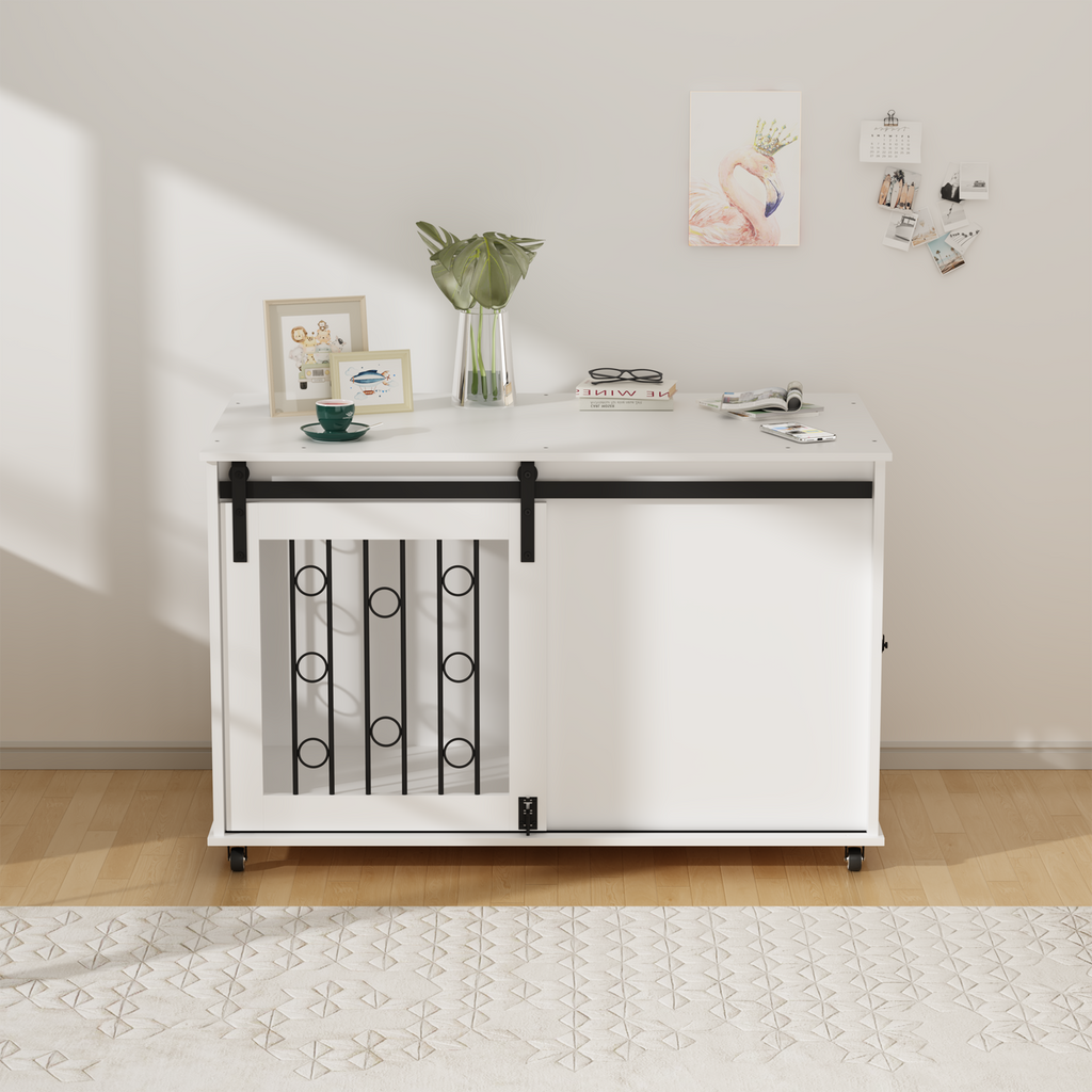 Modern Wooden Dog Crate Furniture with Sliding Barn Door – Indoor Pet Kennel