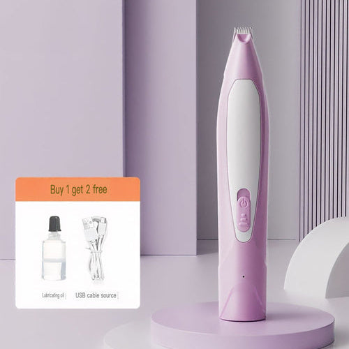 Purple and white electronic device on a stand with a promotional offer card in the background.