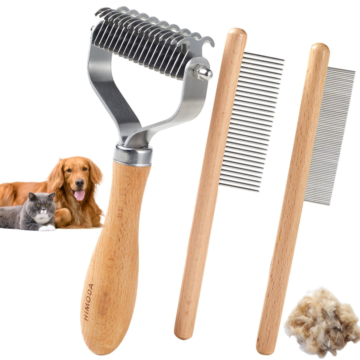 HIMODA 3-Pack Pet Grooming Kit — Undercoat Rake, Wide & Fine Tooth Combs, Wood Handle (Dogs & Cats)