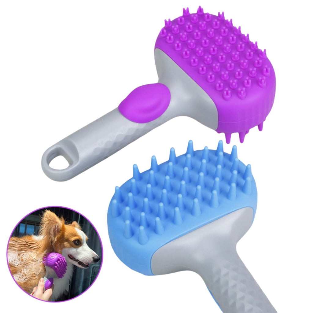 Two pet grooming brushes, one purple and one blue, with a close-up of a dog being groomed.