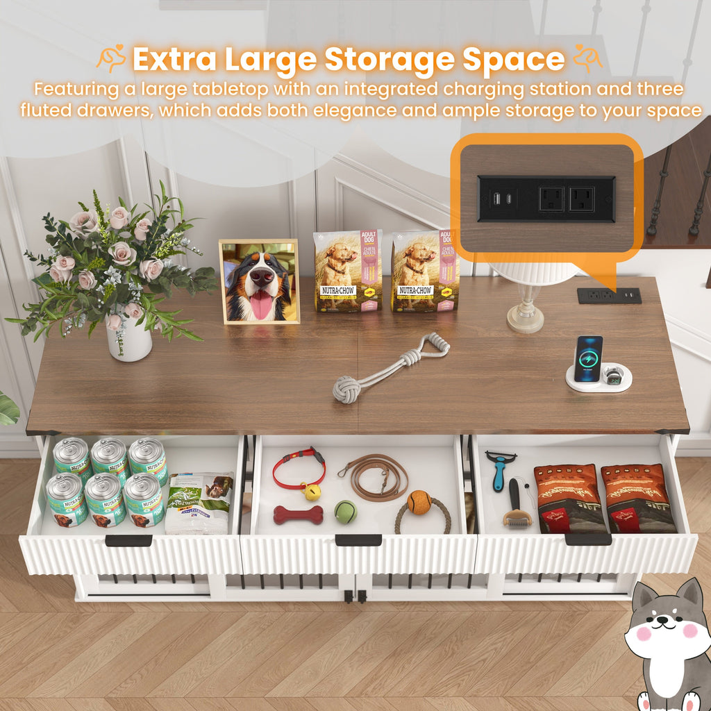 71" Double Dog Crate Furniture with Fluted Drawers, Feeders & Power Station