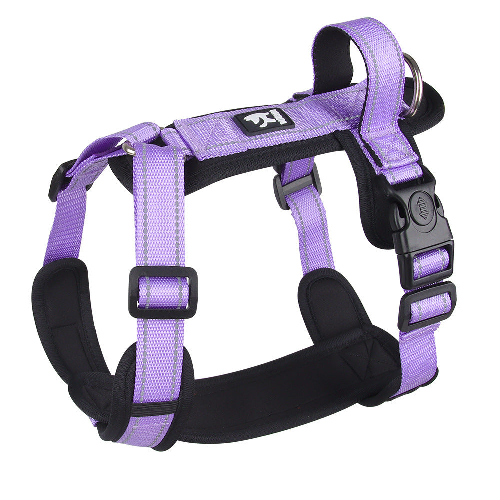 Purple dog harness with black straps on a white background