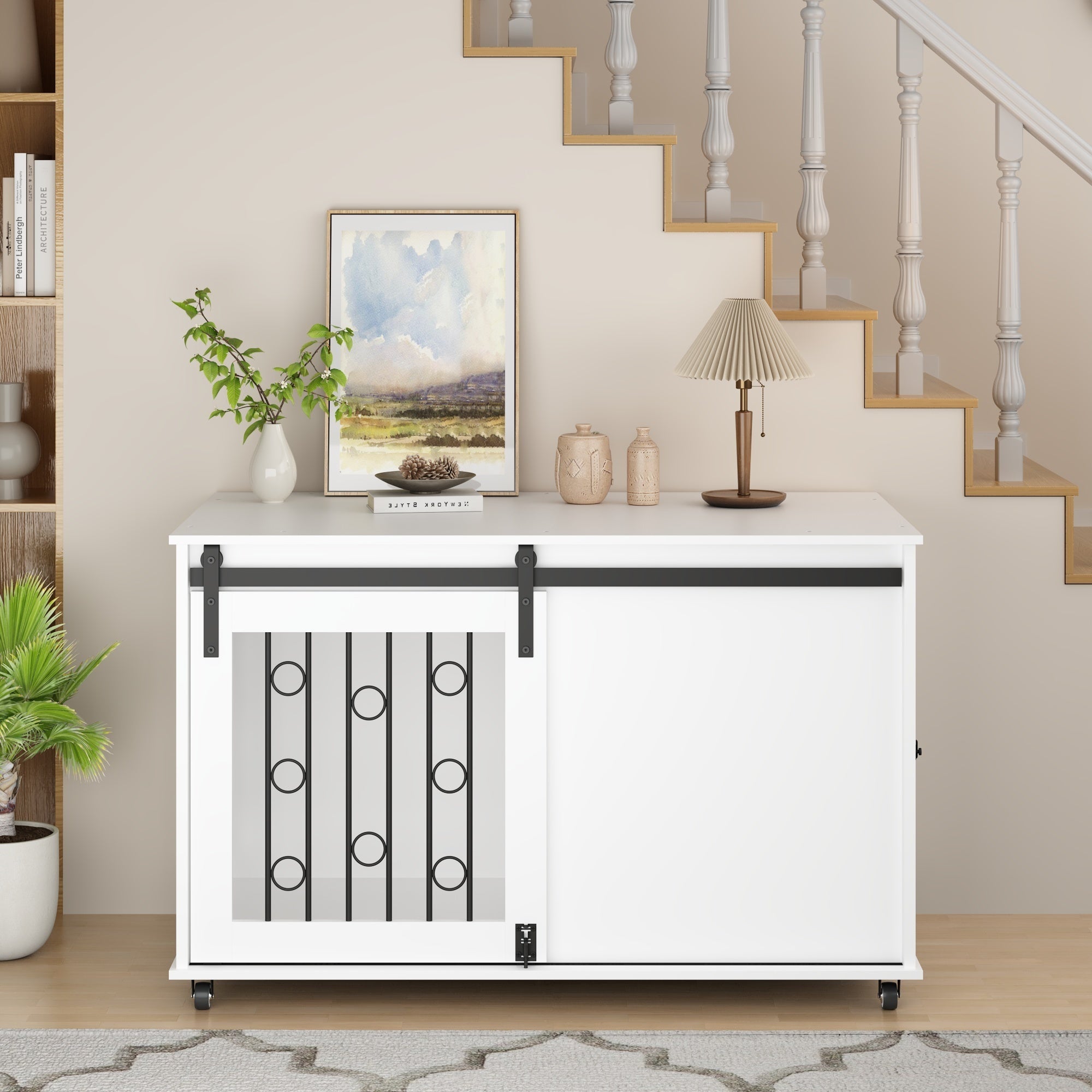 Modern Wooden Dog Crate Furniture with Sliding Barn Door – Indoor Pet Kennel