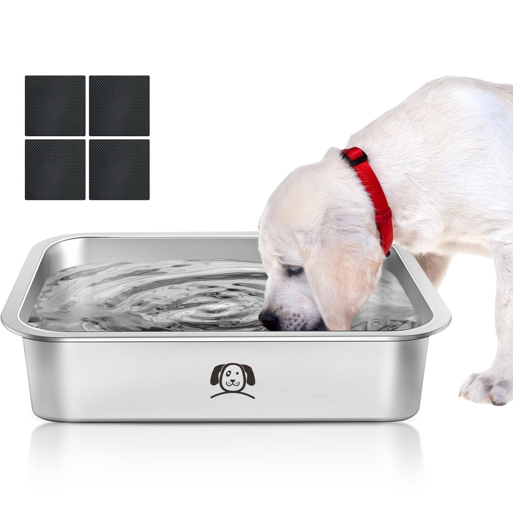 Dog drinking water from a stainless steel dog bowl with a white background