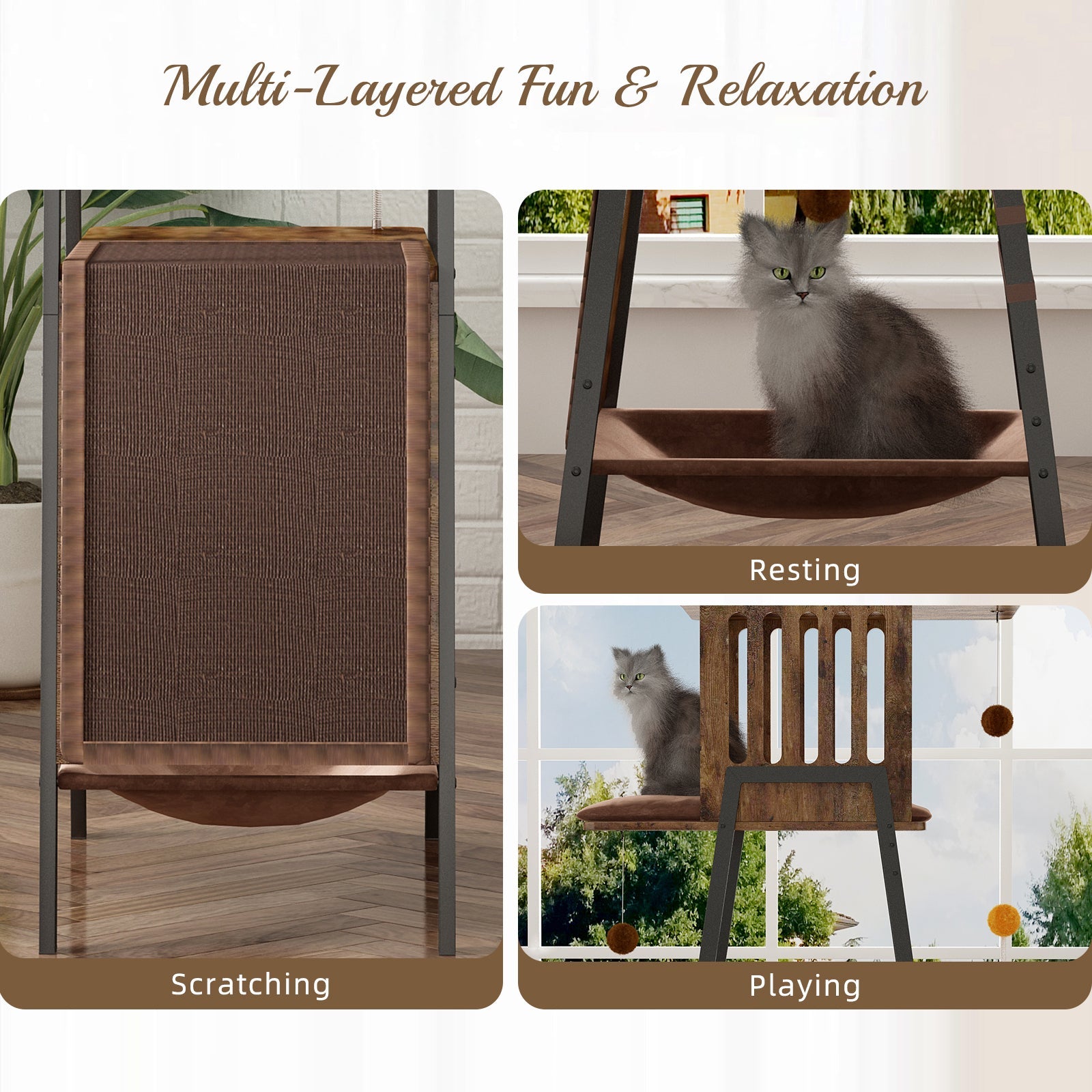 Modern Wooden Cat Tree – 58" Large Cat Tower