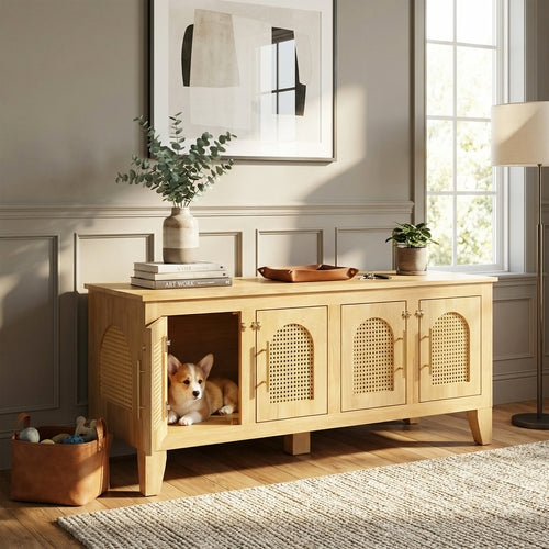Wooden sideboard with a dog peeking out, plants, and books in a room with natural light.