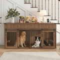 71" Double Dog Crate Furniture with Fluted Drawers, Feeders & Power Station