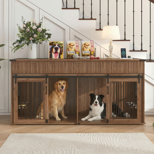 71" Double Dog Crate Furniture with Fluted Drawers, Feeders & Power Station