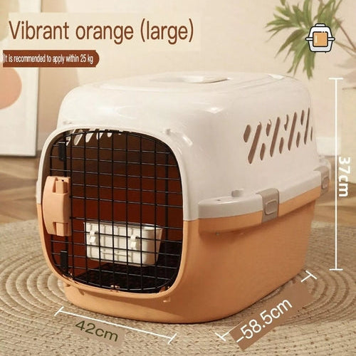 Pet carrier with dimensions labeled on a wooden floor.