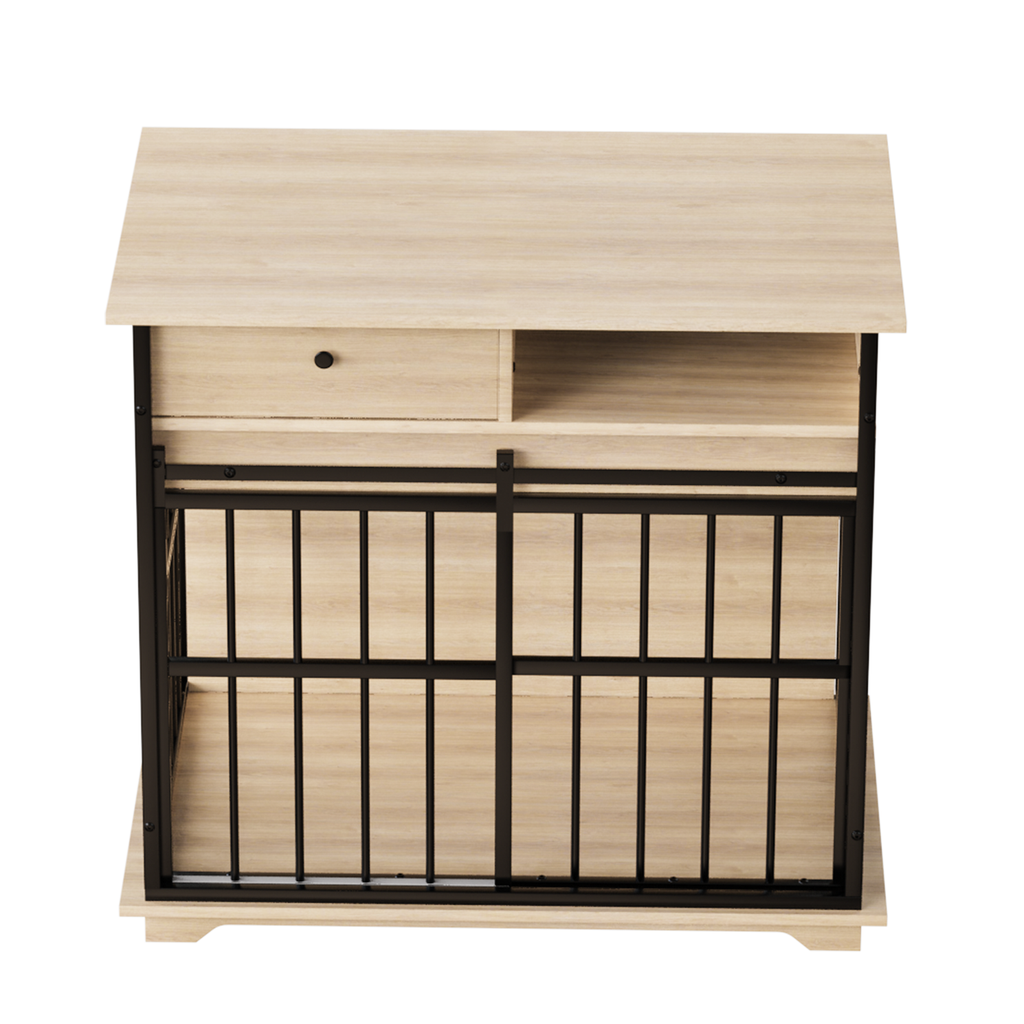 Wooden pet house with a metal grid on a white background