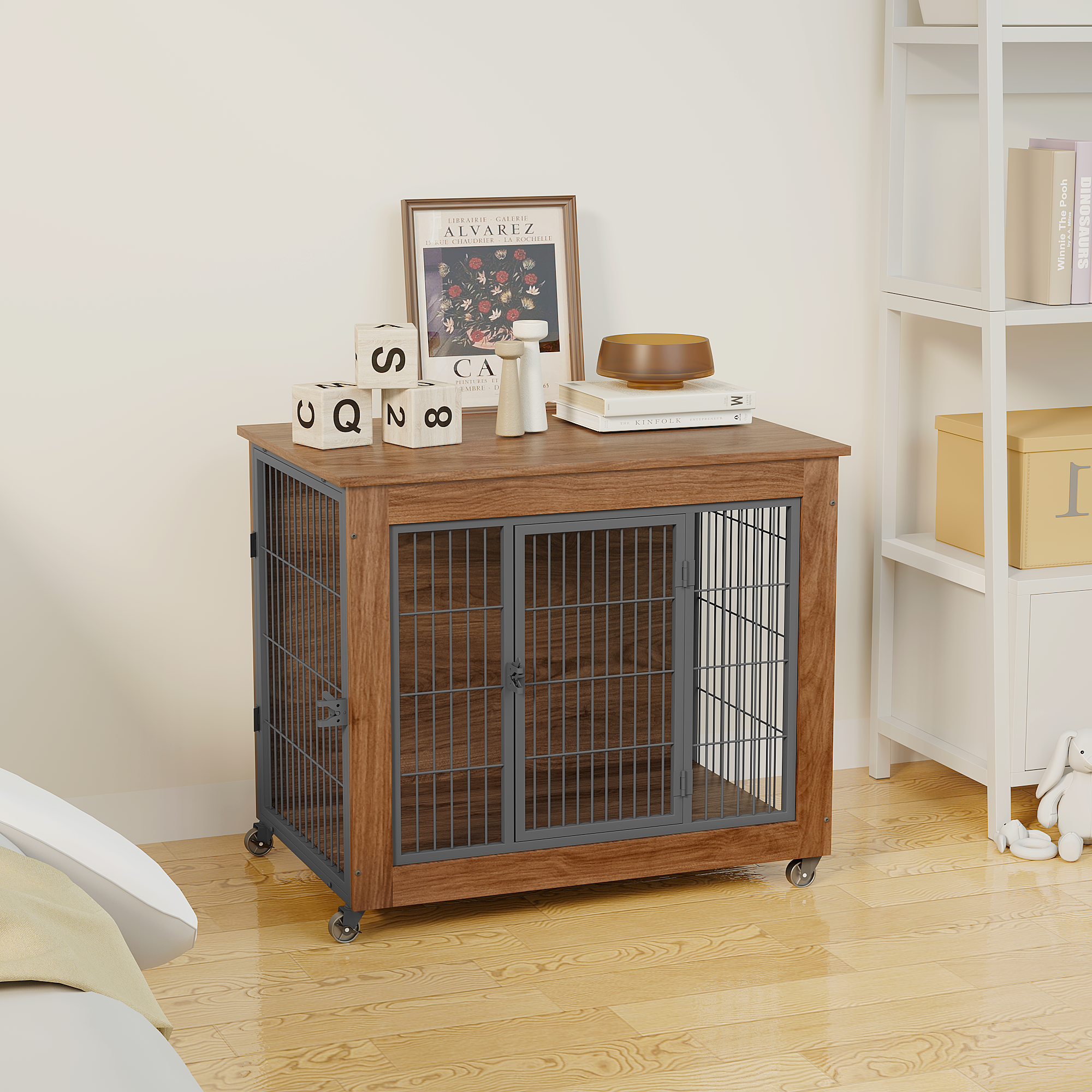 Wooden pet crate with wheels in a room setting
