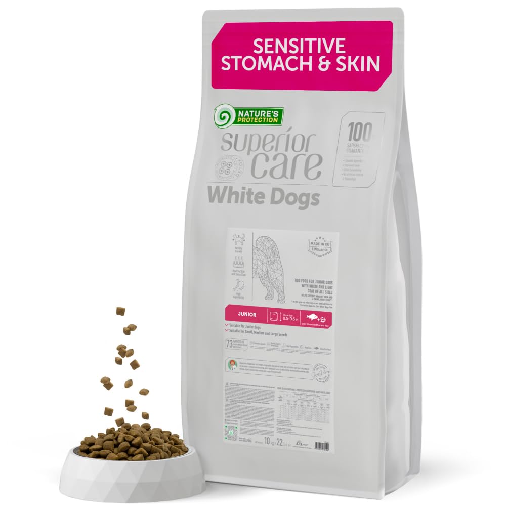 Dog food package for 'Sensitive Stomach & Skin' with a bowl of kibble in front on a white background