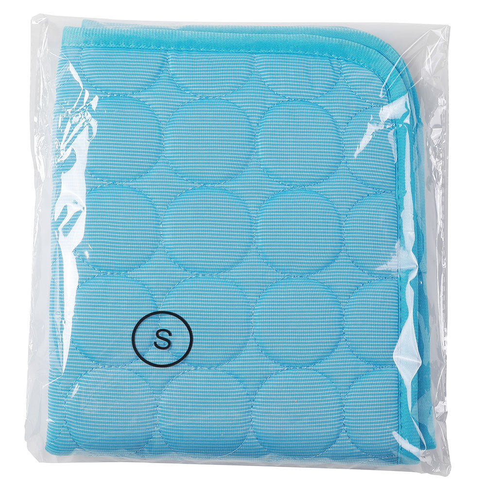 Blue textured pouch with 'S' logo in clear packaging