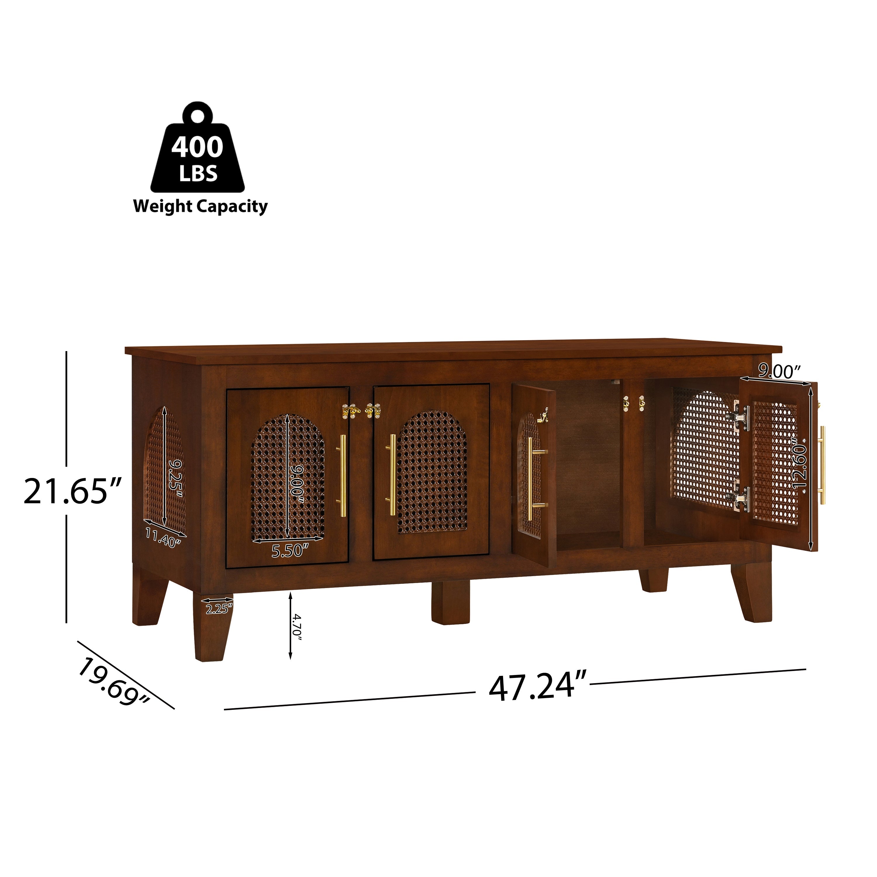 Wooden cabinet with dimensions and weight capacity label on a white background