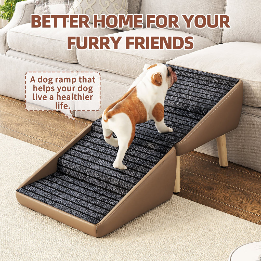Dog ramp in a living room setting with a dog using it, text about improving a home for furry friends.