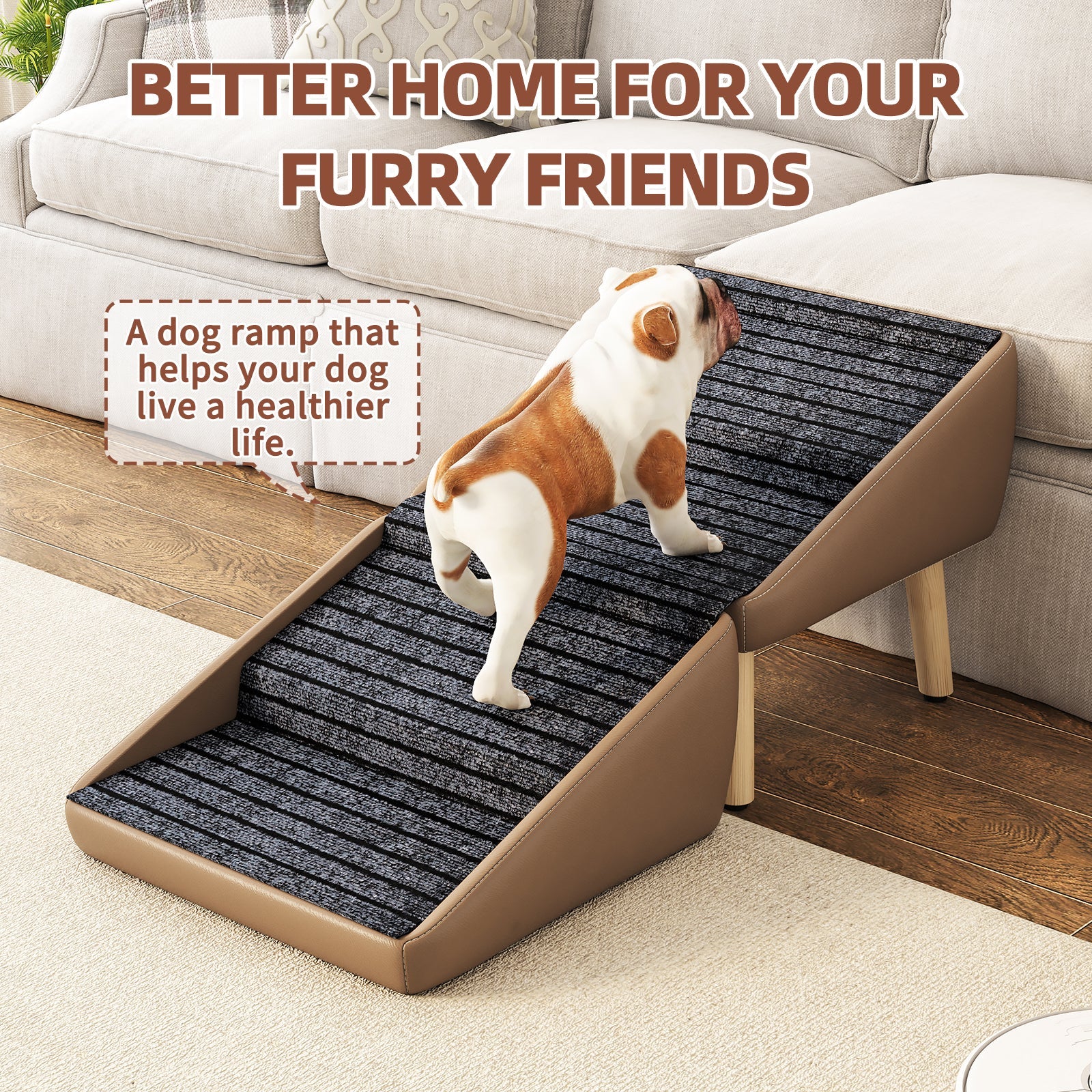 Dog ramp in a living room setting with a dog using it, text about improving a home for furry friends.