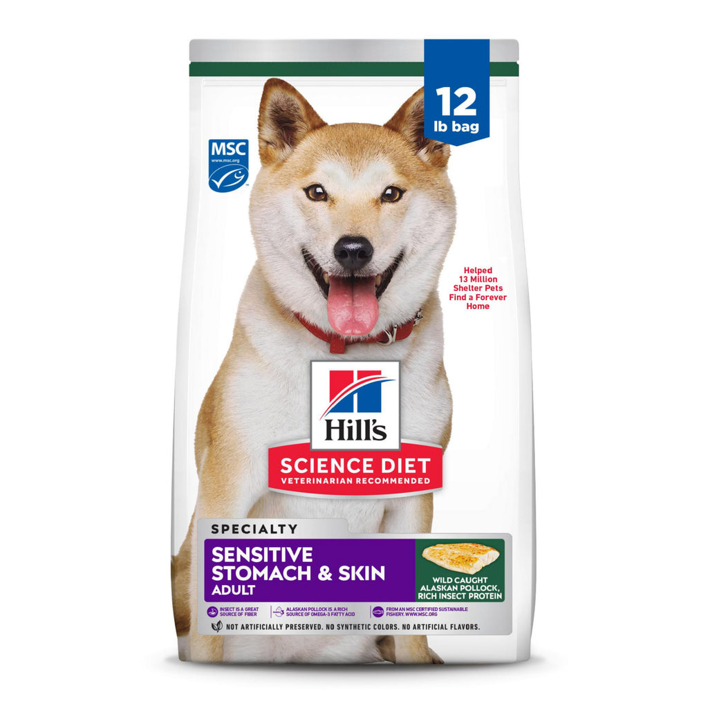 Hills Science Diet dog food package for sensitive stomach and skin on a white background
