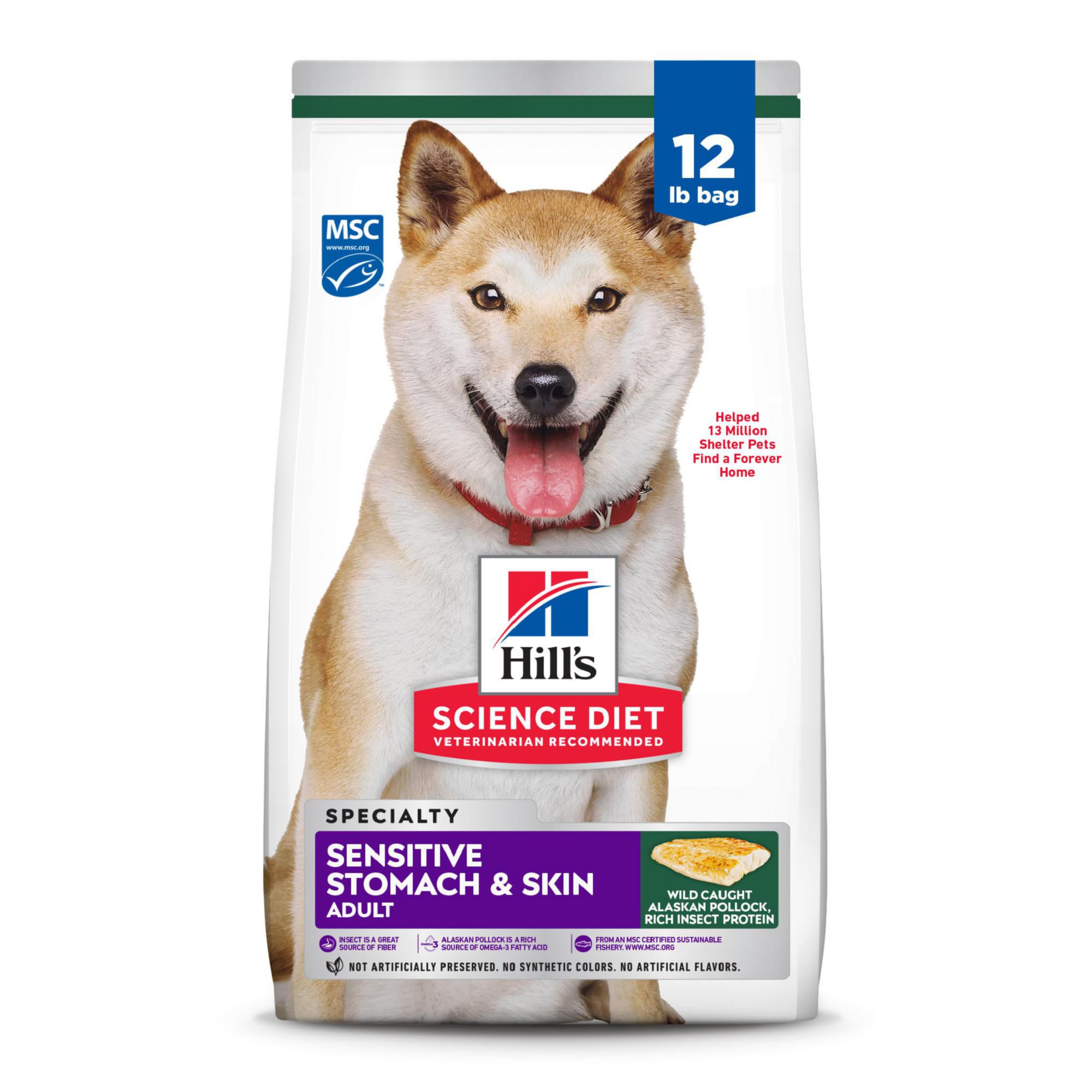 Hills Science Diet dog food package for sensitive stomach and skin on a white background