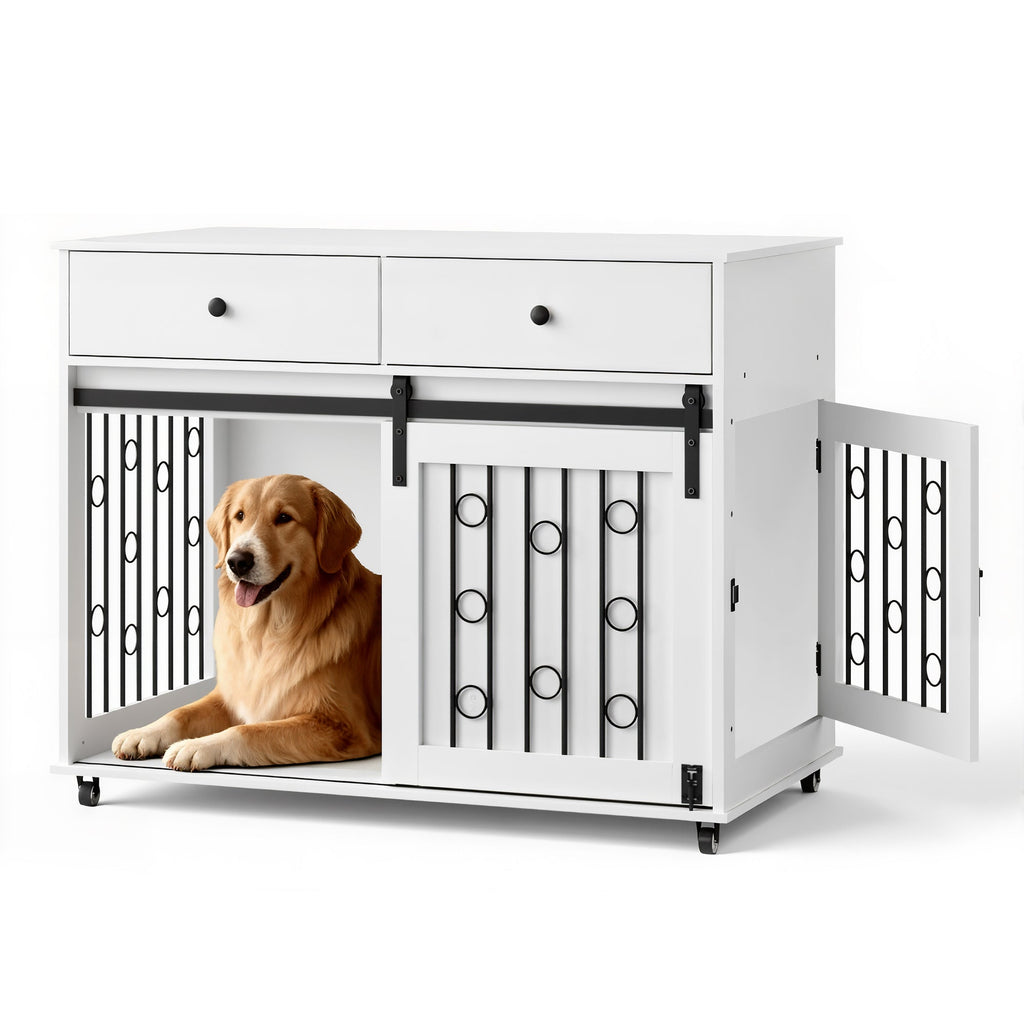 Modern Wooden Dog Crate Furniture with Sliding Barn Door – Indoor Pet Kennel