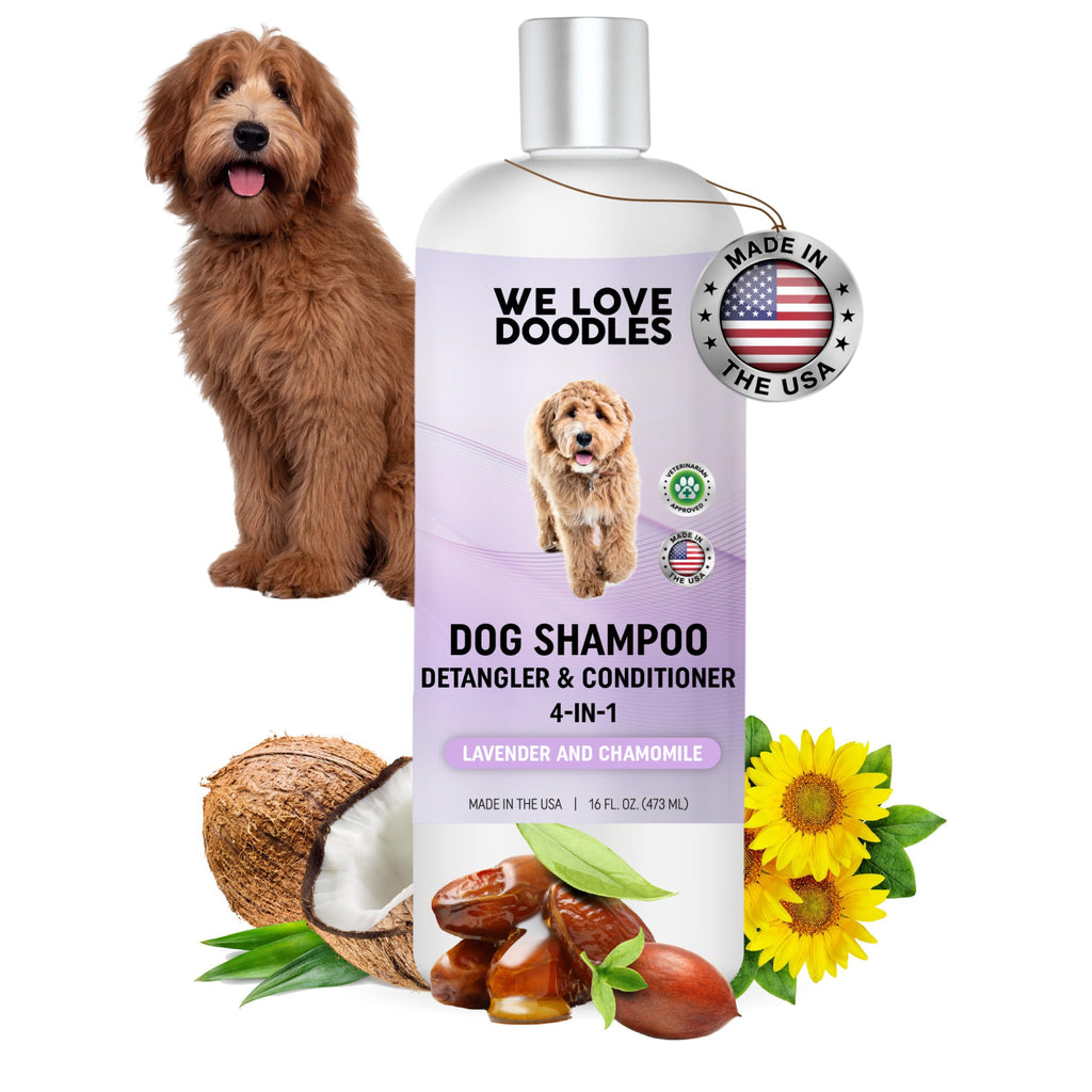 Dog shampoo bottle with a dog, coconut, sunflower, and USA made badge on a white background
