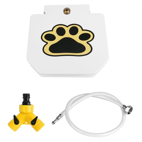Pet water bottle with a paw design, yellow valve, and white hose on a white background