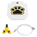 Pet water bottle with a paw design, yellow valve, and white hose on a white background