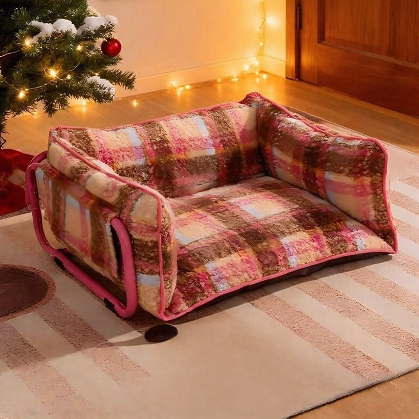 Checkered pet bed with pink trim in a room decorated for Christmas.