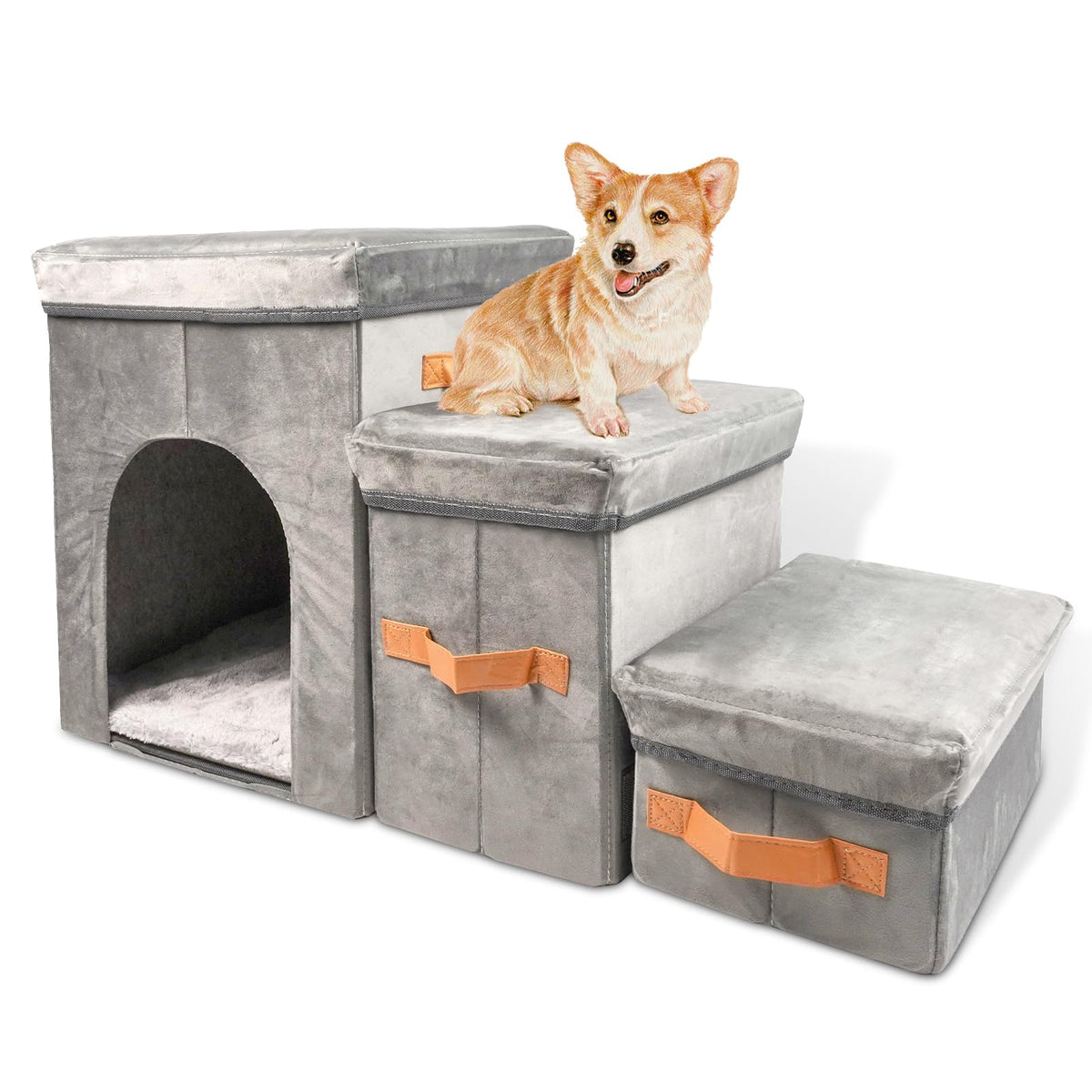 Foldable Dog Stairs with Storage — 3-Step Pet Steps for Sofa & High Beds, Portable (Grey)