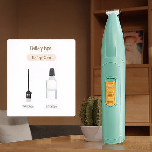 Turquoise grooming tool on a wooden table with a cactus and product information card in the background.