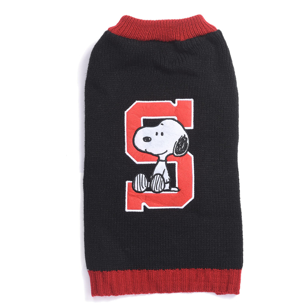 Black dog sweater with red trim featuring a cartoon character on a white background