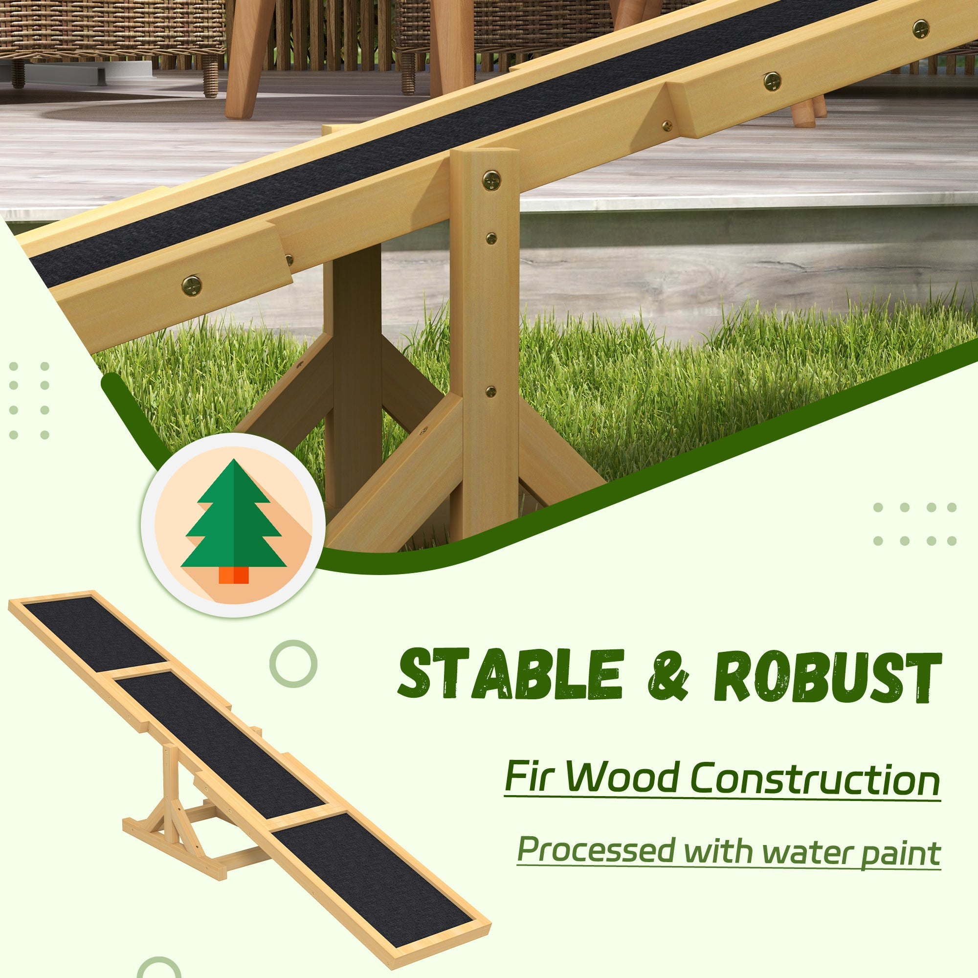 Wooden seesaw with black surface on a grassy area, labeled as stable and robust with fir wood construction.