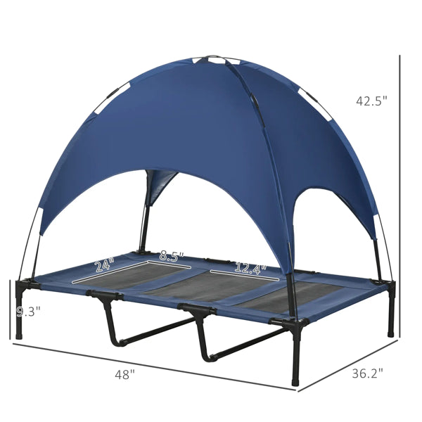 Blue outdoor bed with canopy and dimensions on a white background