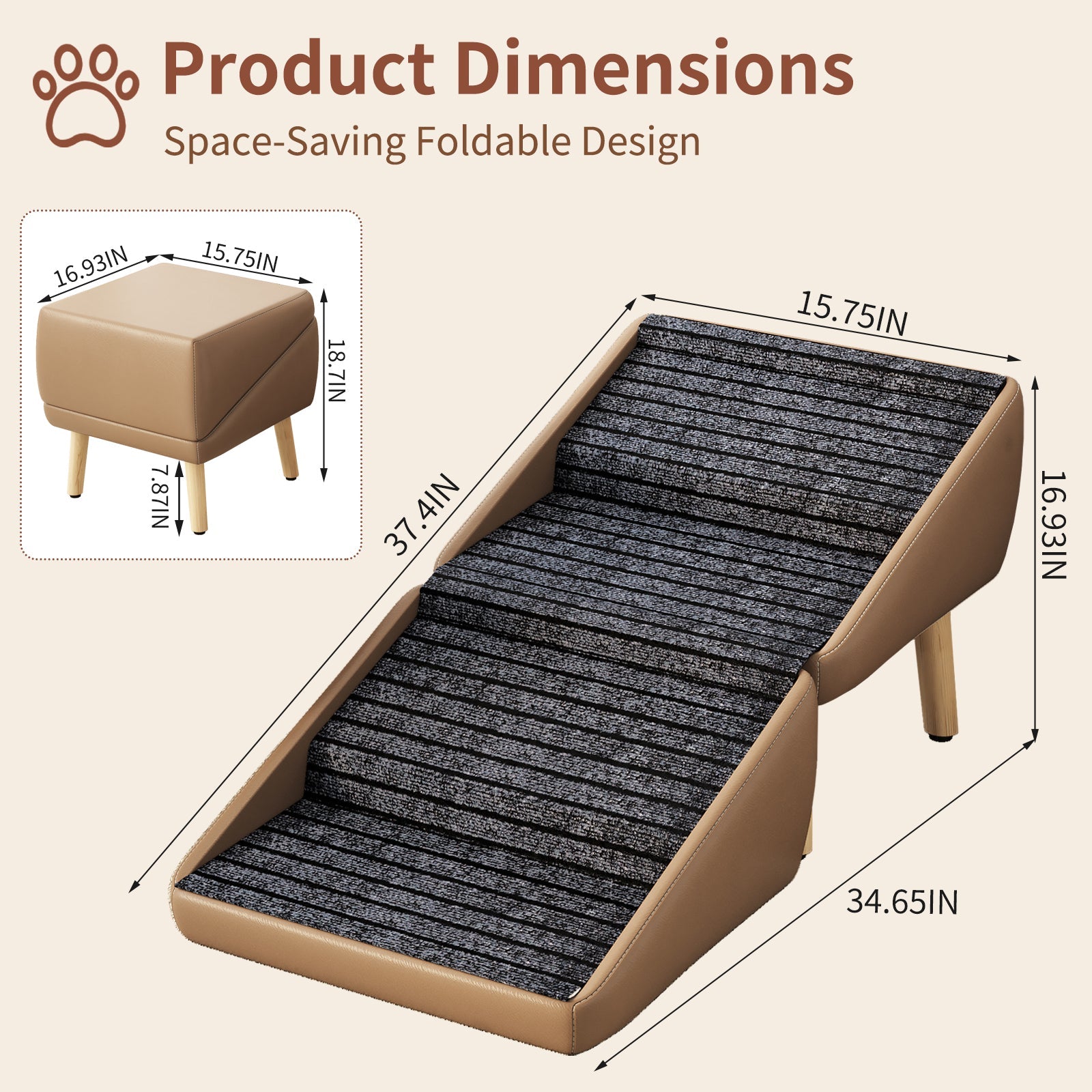 Space-saving foldable pet ramp with dimensions on a beige background