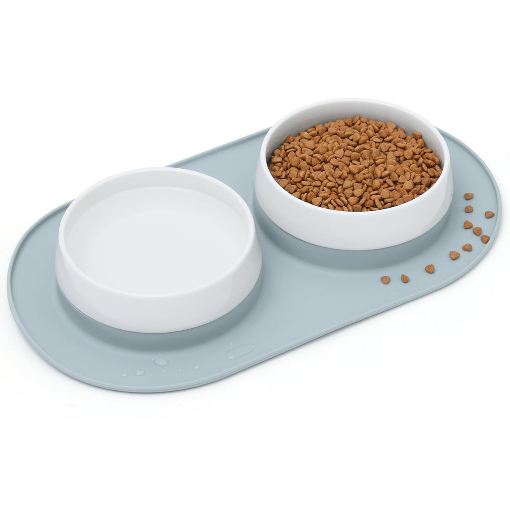 Pet feeding station with two bowls on a mat, one bowl containing kibble.