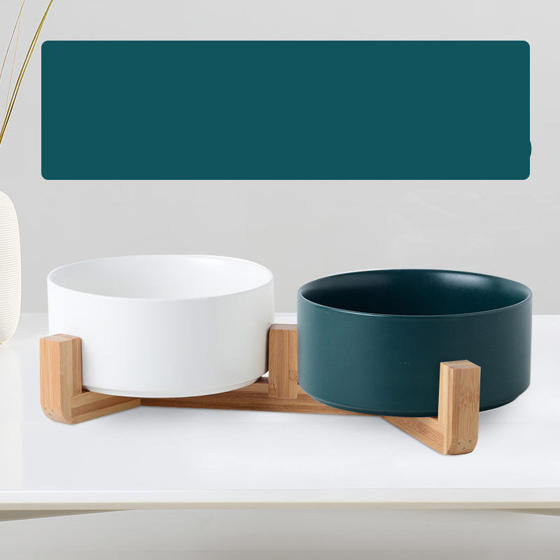 Ceramic & Bamboo Double Pet Bowl for Cats & Dogs (13cm)