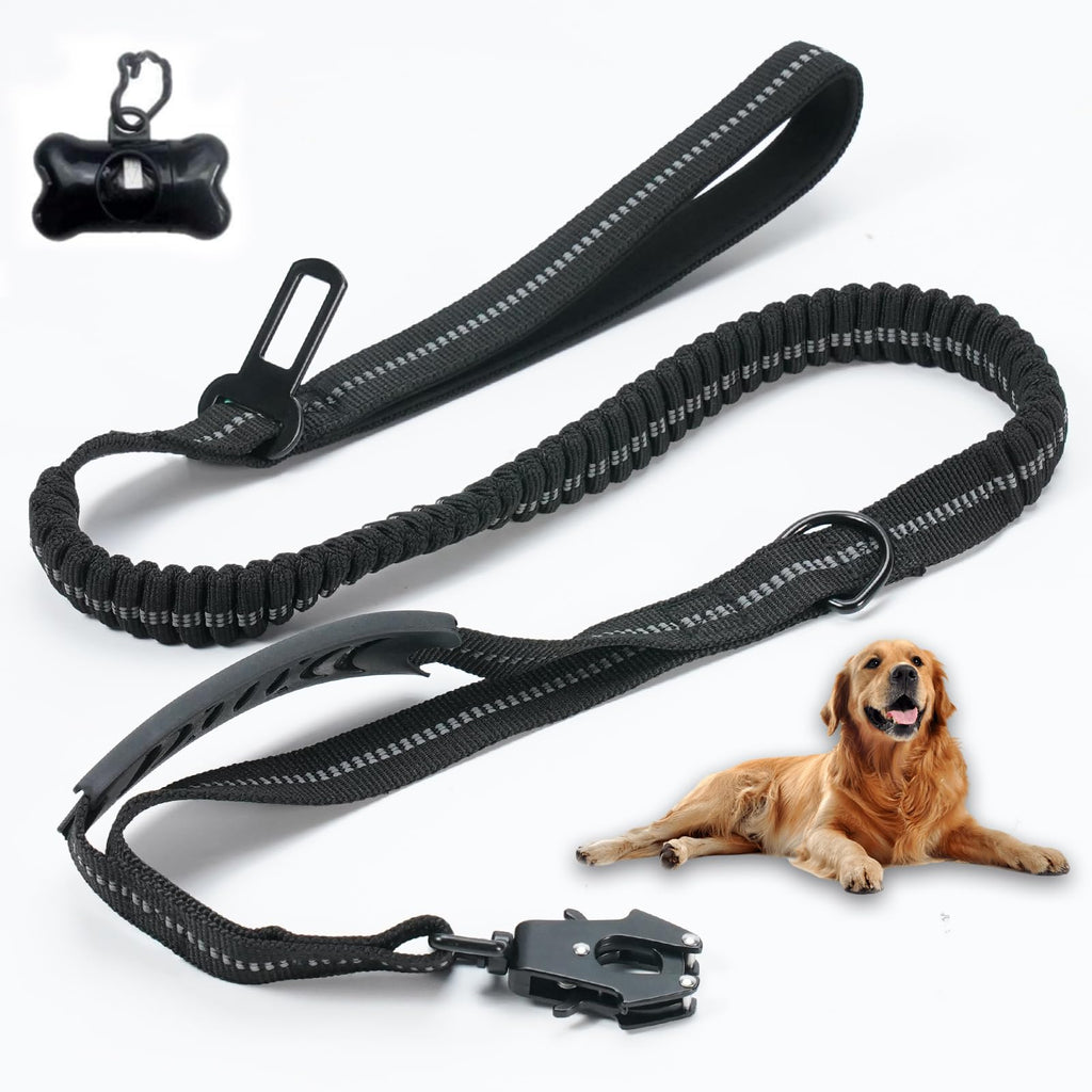 Black dog leash with handle and carabiner, featuring a dog lying on the ground.