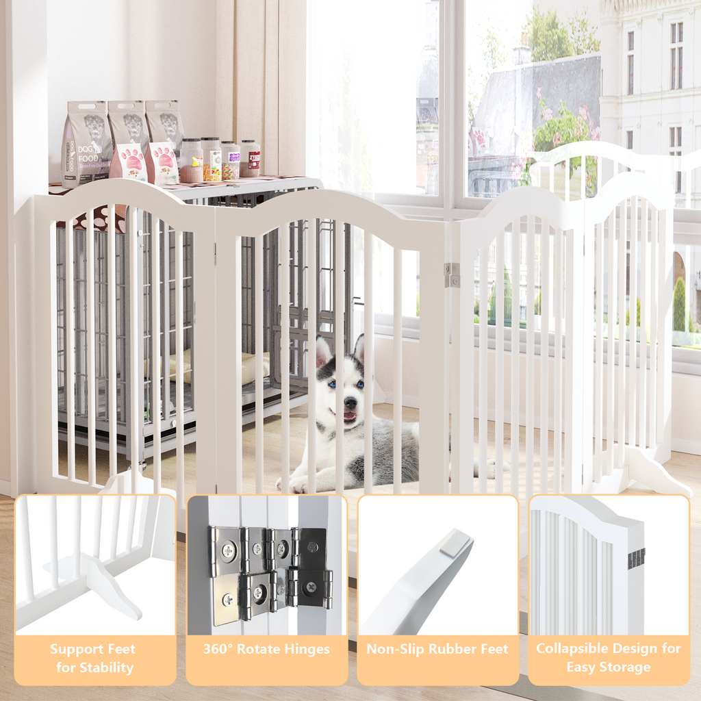White pet gate with a dog inside, surrounded by images of gate features.