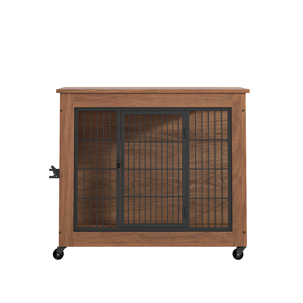 Wooden pet crate with metal grid doors on a white background