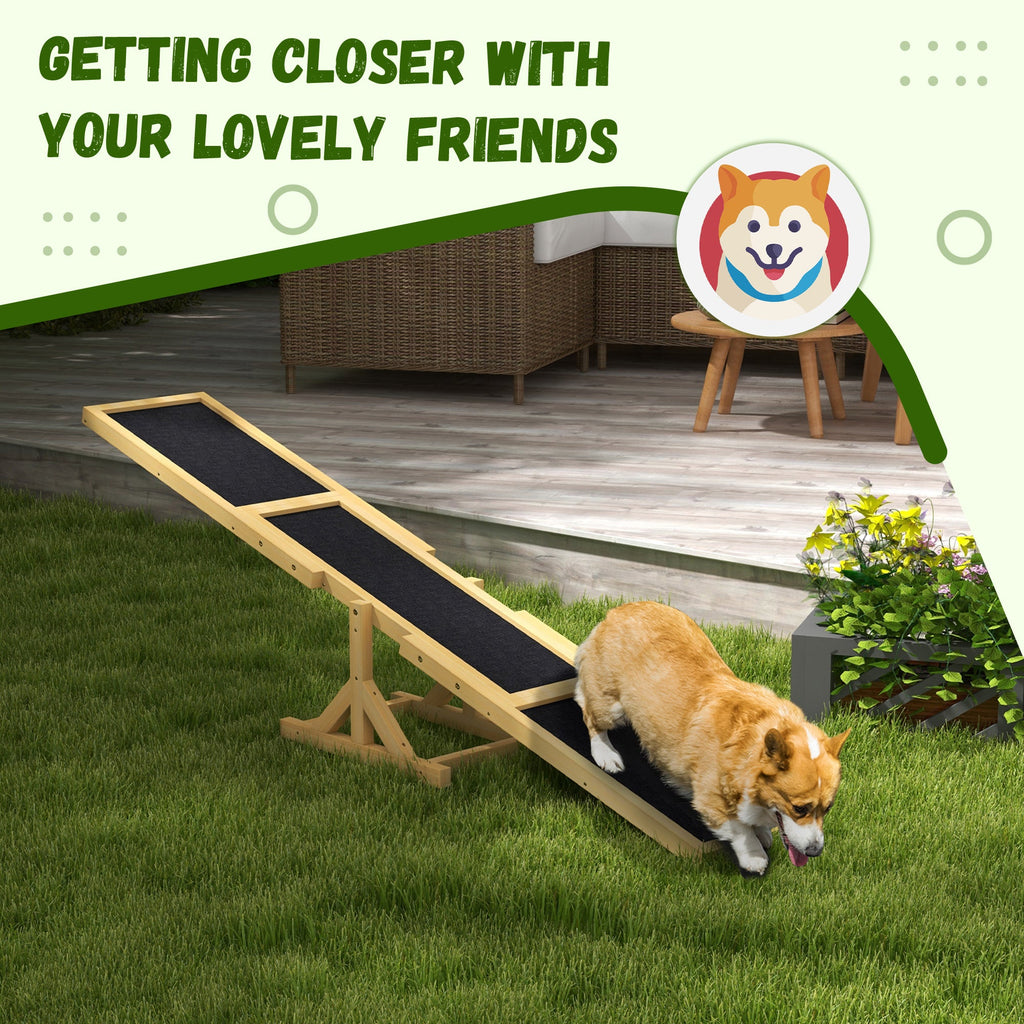 Dog using a wooden ramp on a grassy area with text 'Getting closer with your lovely friends' and a dog icon.