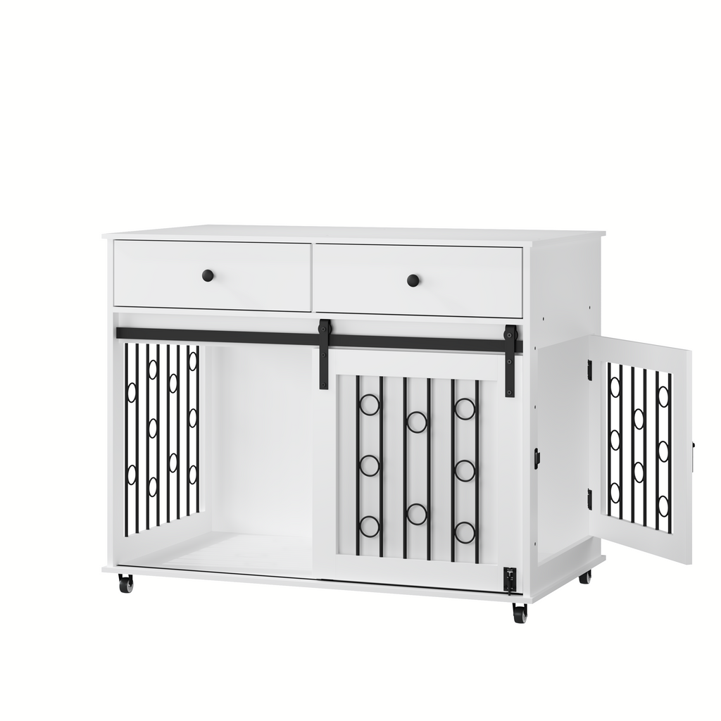 White pet crate with black metal bars on a white background
