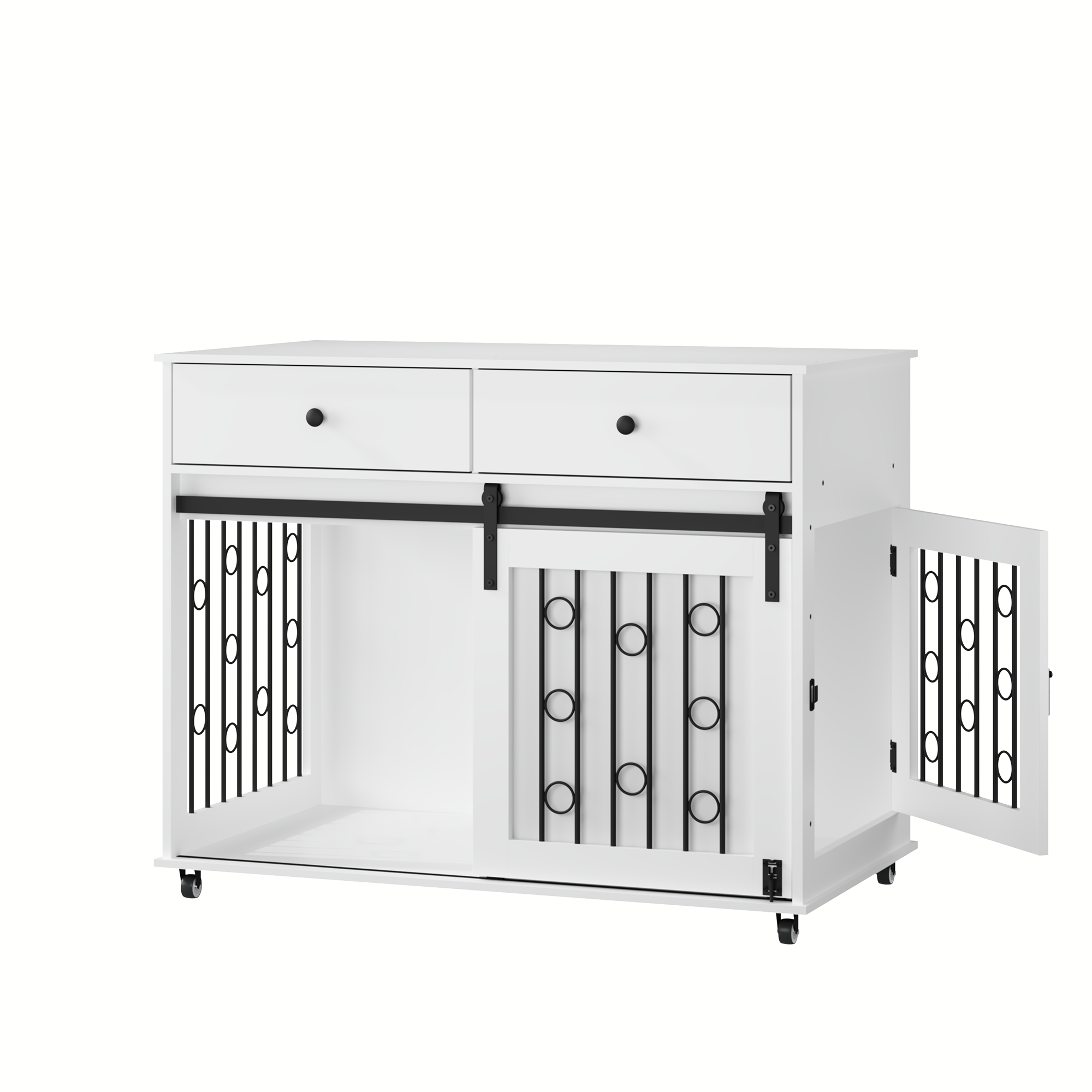 White pet crate with black metal bars on a white background