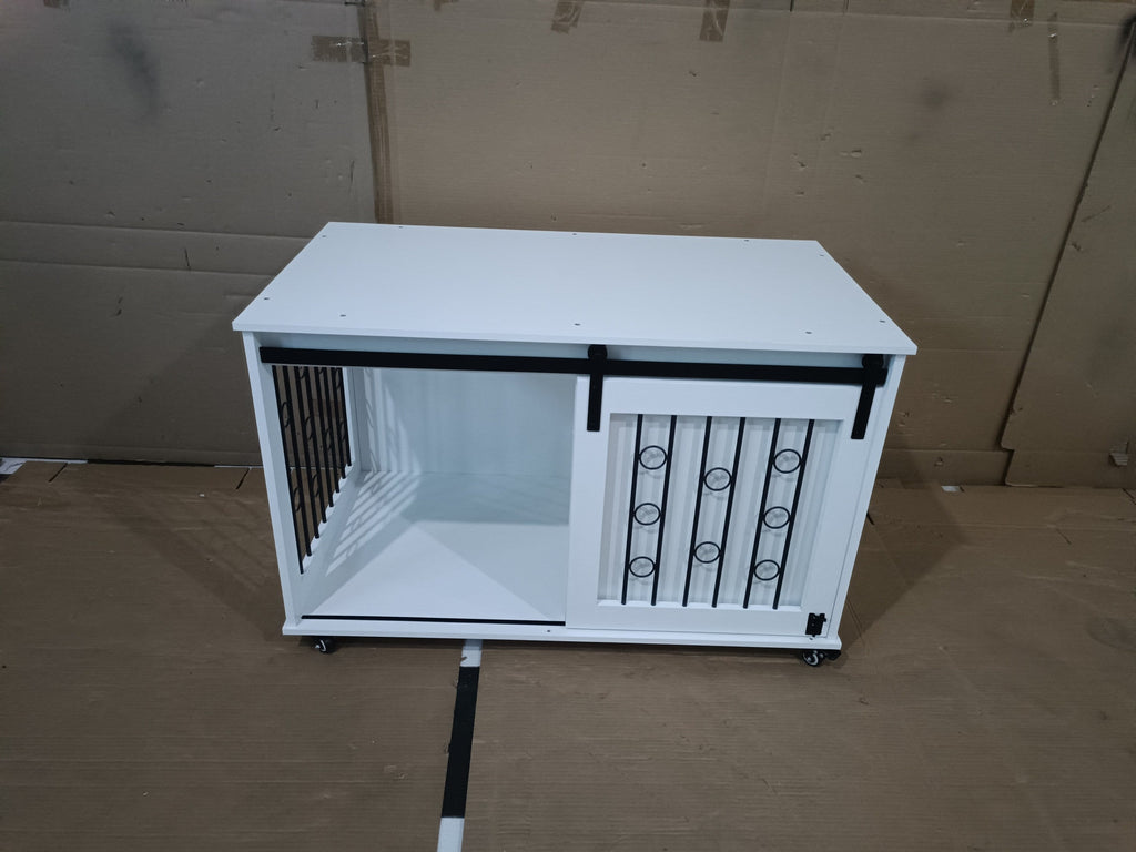 Modern Wooden Dog Crate Furniture with Sliding Barn Door – Indoor Pet Kennel