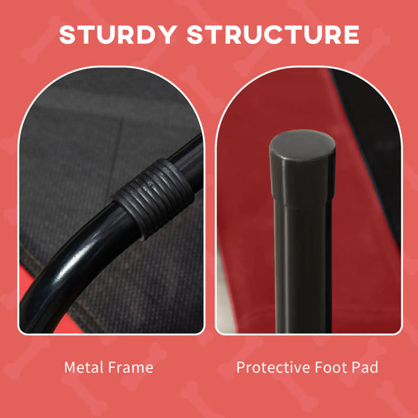 Two images showing a metal frame and protective foot pad with text 'Sturdy Structure' on a red background.