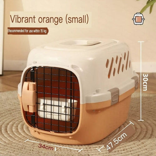 Pet carrier with dimensions on a wooden floor