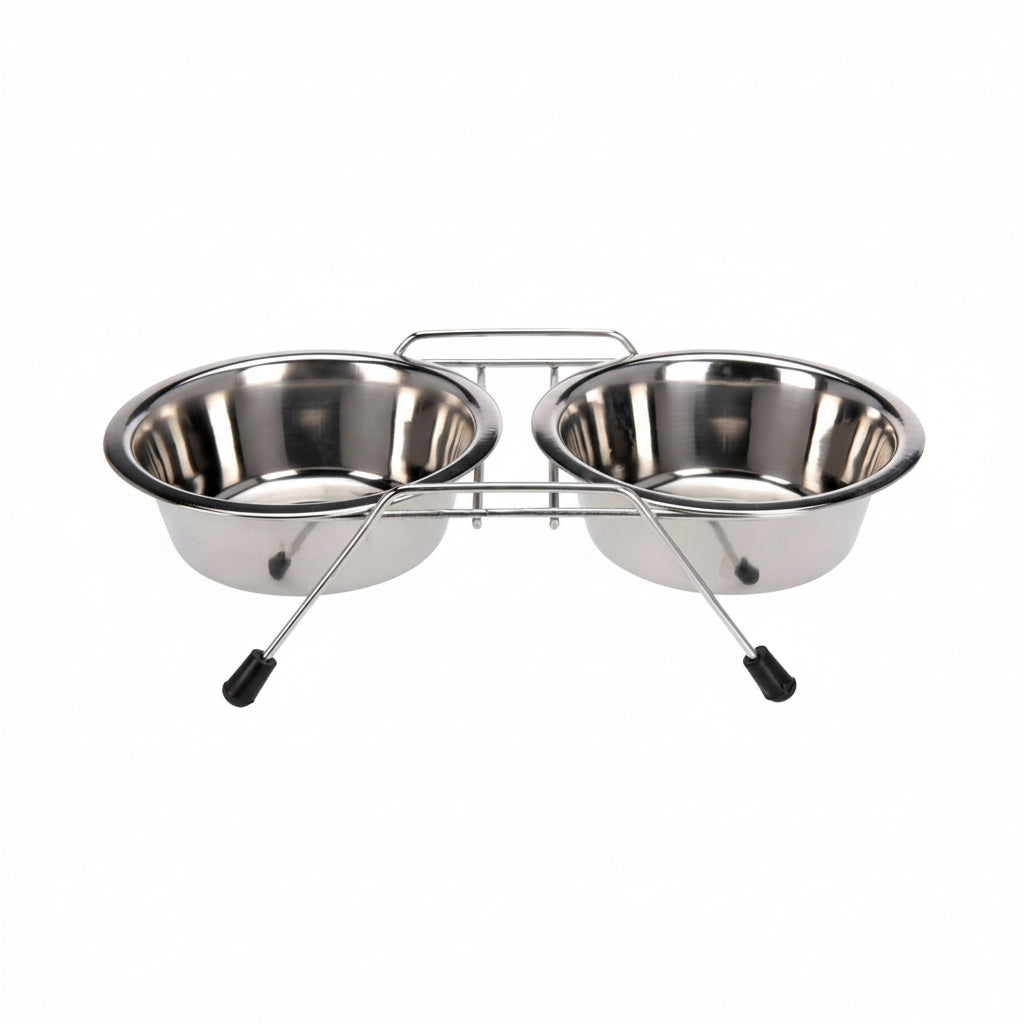 Stainless steel double-dish pet feeder on a white background